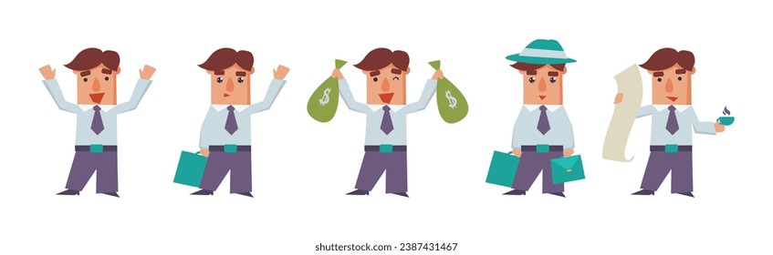Office Worker Man Character in Formal Suit Vector Set