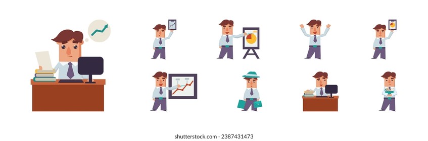 Office Worker Man Character in Formal Suit Vector Set