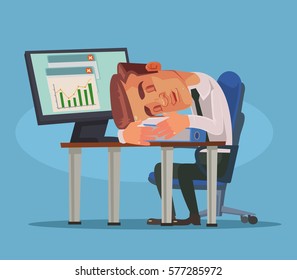 Office worker man character sleeping on workplace. Vector flat cartoon illustration