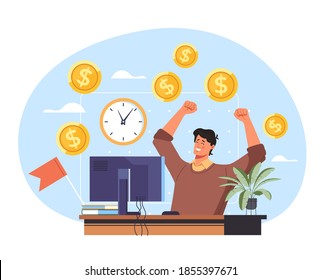 Office worker man character win money concept. Vector flat cartoon graphic design illustration