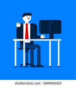 An office worker man in his workplace. Work, business, computer. Modern vector illustration in colorful flat style.