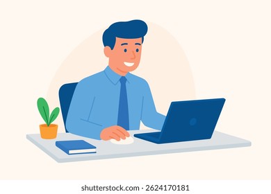 office worker man laptop computer business employee desk job work online meeting remote corporate workplace illustration flat vector productivity internet digital professional person worker tech