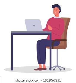 Office worker man sitting behind a desk with a laptop. Businessman or a clerk working at his office table flat style illustration. Smiling guy office worker enterpreneur performs work on a computer