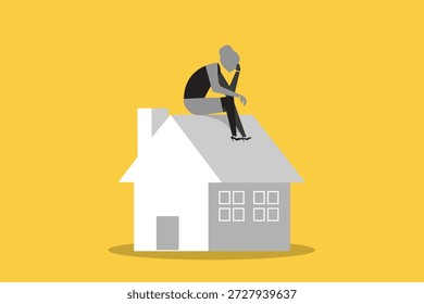 Büroangestellter Mann sitzt deprimiert auf seinem Haus. Konzept der Überzahlung in Immobilien und Immobilienhypotheken. Wohnung winziges Haus Kauf Schuld Person