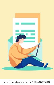 Trabajador de oficina sentado en el suelo con un portátil. Empresario o empleado que trabaja en su computadora escribiendo en la ilustración de teclado plano. Estudiante, emprendedor realiza el trabajo en una tablet pc