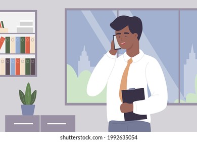 Office worker man talking on mobile phone vector illustration. Cartoon young businessman character holding smartphone, manager using cellphone for business communication and conversation with client