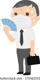 An office worker man wearing a mask in the summer. Illustration that is hot and blows with a fan.