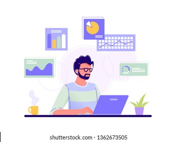 Office worker. Man is working at his laptop and the infographics on the background. Blue, green, yellow. Isolated flat vector illustration