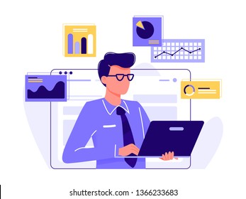 Office worker. Man is working at his laptop and the infographics on the background. Blue, yellow. Isolated flat vector illustration