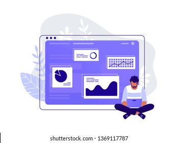 Office worker. Man is working at his laptop near big computer monitor and the infographics on the background. Work with data, analysis. Isolated flat vector illustration
