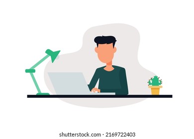 Büroangestellte. Der Mensch arbeitet auf seinem Laptop im Büroinneren. Vektorgrafik