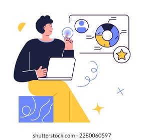 Office worker. Man is working at his laptop and the infographics on the background. Blue, yellow. Isolated flat vector illustration