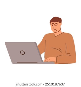 Office worker. Man is working at his laptop.Vector illustration cartoon.Software developer.The programmer at work.Working at home .Man use laptop