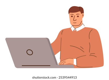 Office worker. Man is working at his laptop.Vector illustration cartoon.Software developer.The programmer at work.Working at home .Man use laptop