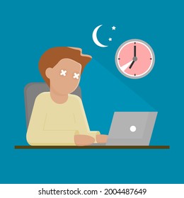Office worker man working in laptop or computer notebook late night (overtime) flat vector.