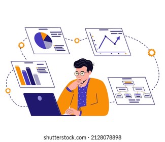 Office worker. A man is working on his laptop and infographics in the background. Workflow concept. Isolated flat vector illustration