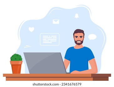 Office worker man working on a laptop computer at the office desk. Flat style vector illustration