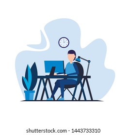 Office worker. A man works at a computer. Illustration.