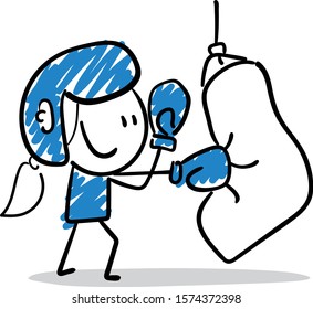 Office worker manager boxing.
Girl hand drawn doodle line art cartoon design character - isolated vector illustration outline of woman.
