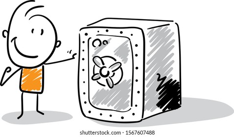 Office worker manager boy happy near the safe.
Boy hand drawn doodle line art cartoon design character - isolated vector illustration outline of man.
