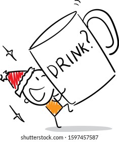 Office worker manager  boy happy with a big cup of coffee propose to drink.
Boy hand drawn doodle line art cartoon design character - isolated vector illustration outline of man.