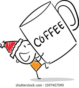 Office worker manager  boy happy with a big cup of coffee propose to drink.
Boy hand drawn doodle line art cartoon design character - isolated vector illustration outline of man.