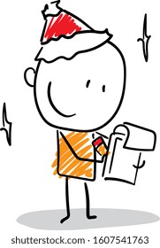 Office worker manager boy hurry up in new year hat writing wish list. Preparing tasks.
hand drawn doodle line art cartoon design character - isolated vector illustration outline of woman.