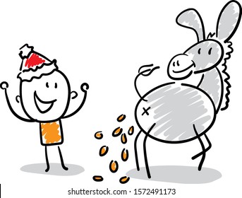 Office worker manager Boy in new year hat standing near a donkey with Boy hand drawn doodle line art cartoon design character - isolated vector illustration outline of woman.

