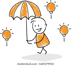 Office worker manager businessman holding umbrella with lamps ideas.
Boy hand drawn doodle line art cartoon design character - isolated vector illustration outline of man.