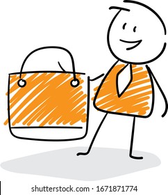 Office worker manager businessman with shopping bag.
Boy hand drawn doodle line art cartoon design character - isolated vector illustration outline of man.