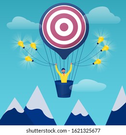 Office worker, manager or clerk, balloon goal achievement concept. Idea and career growth. Vector illustration.