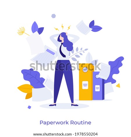 Office worker, manager or clerk in despair and paper documents around him. Concept of paperwork routine, stressful work, overworked employee. Modern flat colorful vector illustration for poster.