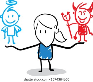 Office worker manager with devil and angel searching for decision.
Girl hand drawn doodle line art cartoon design character - isolated vector illustration outline of woman.