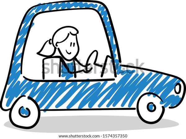 Office worker manager  driving car.\
Girl hand\
drawn doodle line art cartoon design character - isolated vector\
illustration outline of\
woman.