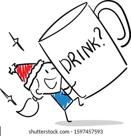 Office worker manager  girl happy with a big cup of coffee propose to drink.
girl hand drawn doodle line art cartoon design character - isolated vector illustration outline of woman.