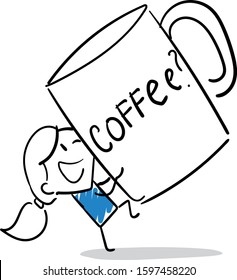 Office worker manager  girl happy with a big cup of coffee propose to drink.
Girl hand drawn doodle line art cartoon design character - isolated vector illustration outline of woman.