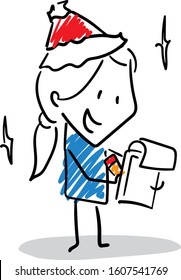 Office worker manager girl hurry up in new year hat writing wish list. Preparing tasks.
hand drawn doodle line art cartoon design character - isolated vector illustration outline of woman.