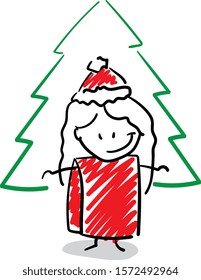 Office worker manager girl in a new year hat standing near new year eve in a red suit.
Girl hand drawn doodle line art cartoon design character - isolated vector illustration outline of woman.

