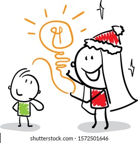 Office worker manager Girl in a new year hat giving a idea to a boy.
Girl hand drawn doodle line art cartoon design character - isolated vector illustration outline of woman.

