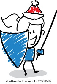 Office worker manager girl in a new year hat with a shield and sword. 
Girl hand drawn doodle line art cartoon design character - isolated vector illustration outline of woman.

