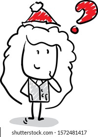 Office worker manager - Girl Professor in a new year hat standing and thinking.
Hand drawn doodle line art cartoon design character - isolated vector illustration outline 