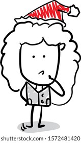 Office worker manager - Girl Professor in a new year hat standing and thinking.
Hand drawn doodle line art cartoon design character - isolated vector illustration outline 
