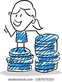 Office worker manager got good salary - standing on coins happy.
Girl hand drawn doodle line art cartoon design character - isolated vector illustration outline of woman.