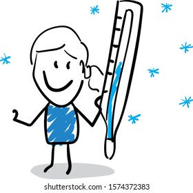 Office worker manager happy with cold thermometer. 
Girl hand drawn doodle line art cartoon design character - isolated vector illustration outline of woman.