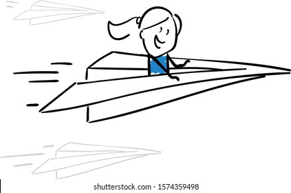 Office worker manager  happy flying on paper flight.
Girl hand drawn doodle line art cartoon design character - isolated vector illustration outline of woman.