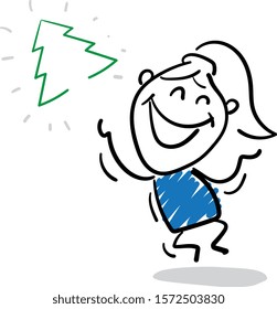 Office worker manager happy girl jumping near new year eve.
Girl hand drawn doodle line art cartoon design character - isolated vector illustration outline of woman.


