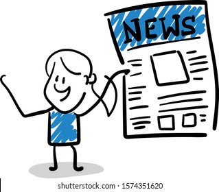 Office worker manager  happy with the magazine news.
Girl hand drawn doodle line art cartoon design character - isolated vector illustration outline of woman.