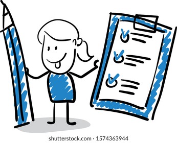 Office worker manager happy with a pencil and checklist.
Girl hand drawn doodle line art cartoon design character - isolated vector illustration outline of woman.