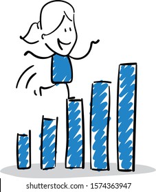 Office worker manager happy running on diagram. 
Girl hand drawn doodle line art cartoon design character - isolated vector illustration outline of woman.