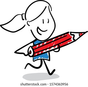 Office worker manager  happy running with a big red pencil.
Girl hand drawn doodle line art cartoon design character - isolated vector illustration outline of woman.